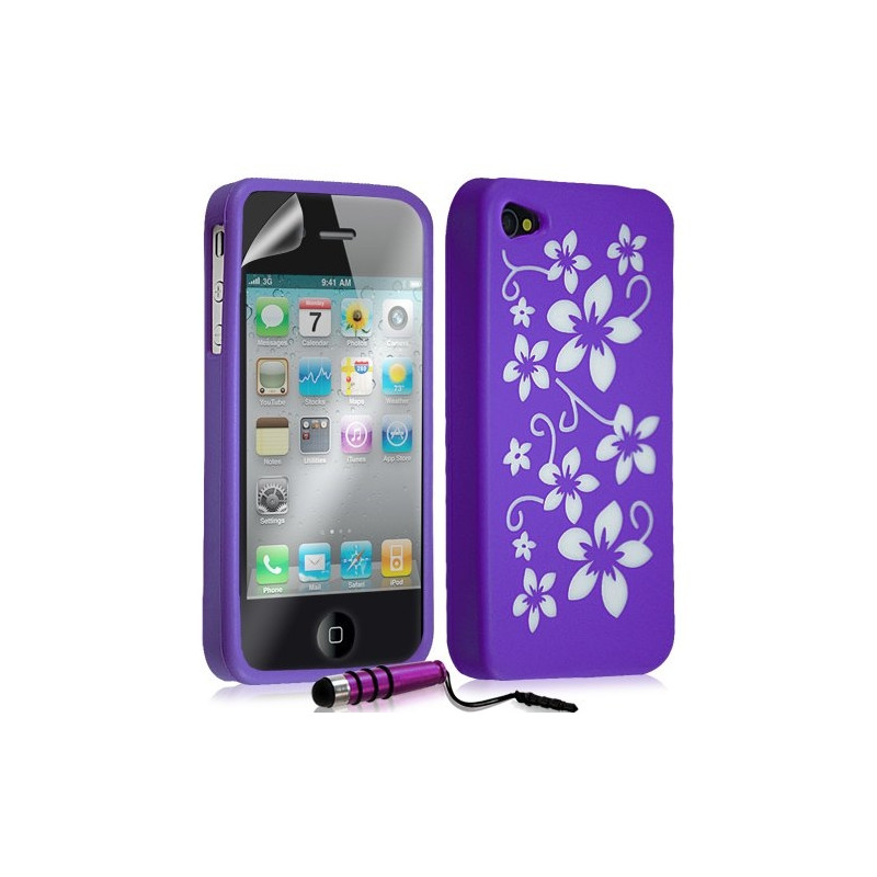 Housse étui coque silicone pour Apple Iphone 4 / 4S motif fleur couleur violet + mini stylet + film protecteur