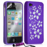 Housse étui coque silicone pour Apple Iphone 4 / 4S motif fleur couleur violet + mini stylet + film protecteur