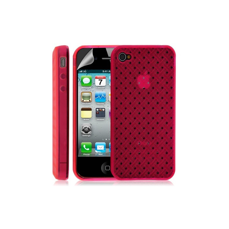 Housse étui coque souple tresse transparent pour Apple Iphone 4/4S couleur rose fuschia + Film protecteur