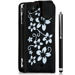 Housse coque étui pour Sony Ericsson Xperia x12 Arc / Arc S motif fleurs couleur noir + Stylet luxe