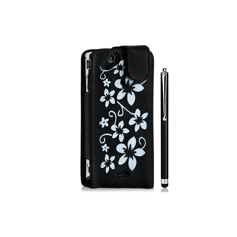 Housse coque étui pour Sony Ericsson Xperia x12 Arc / Arc S motif fleurs couleur noir + Stylet luxe