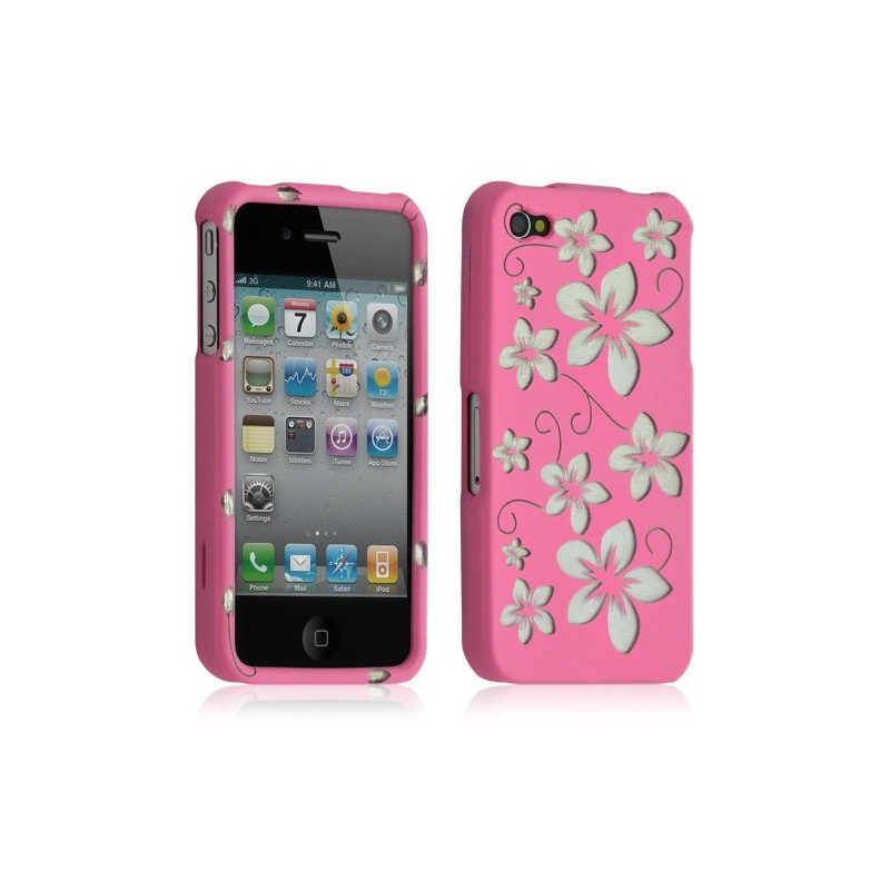 Housse étui coque rigide pour Apple Iphone 4/4S motif fleur couleur rose + Film protection