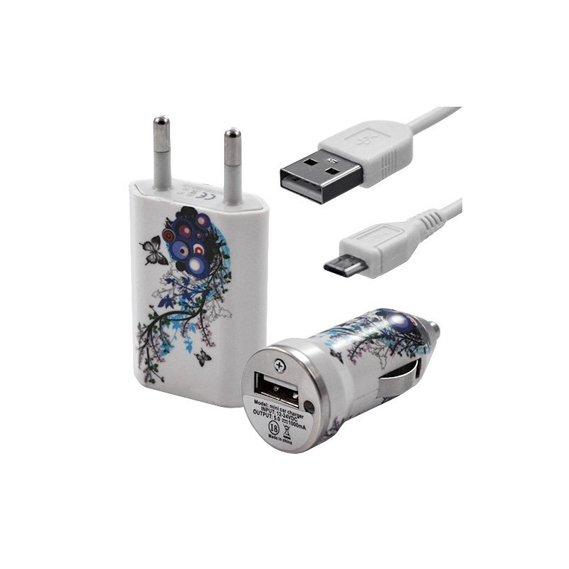 Mini Chargeur 3en1 Auto et Secteur USB avec câble data avec motif HF01 pour SonyEricsson : / Vivaz / Vivaz pro / Xperia PLAY / 