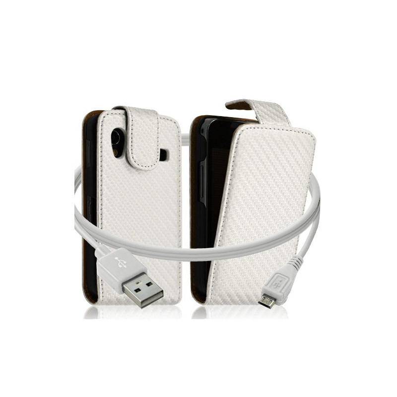 Housse coque etui gaufré + Câble data USB pour Samsung Galaxy Ace S5830 couleur blanc