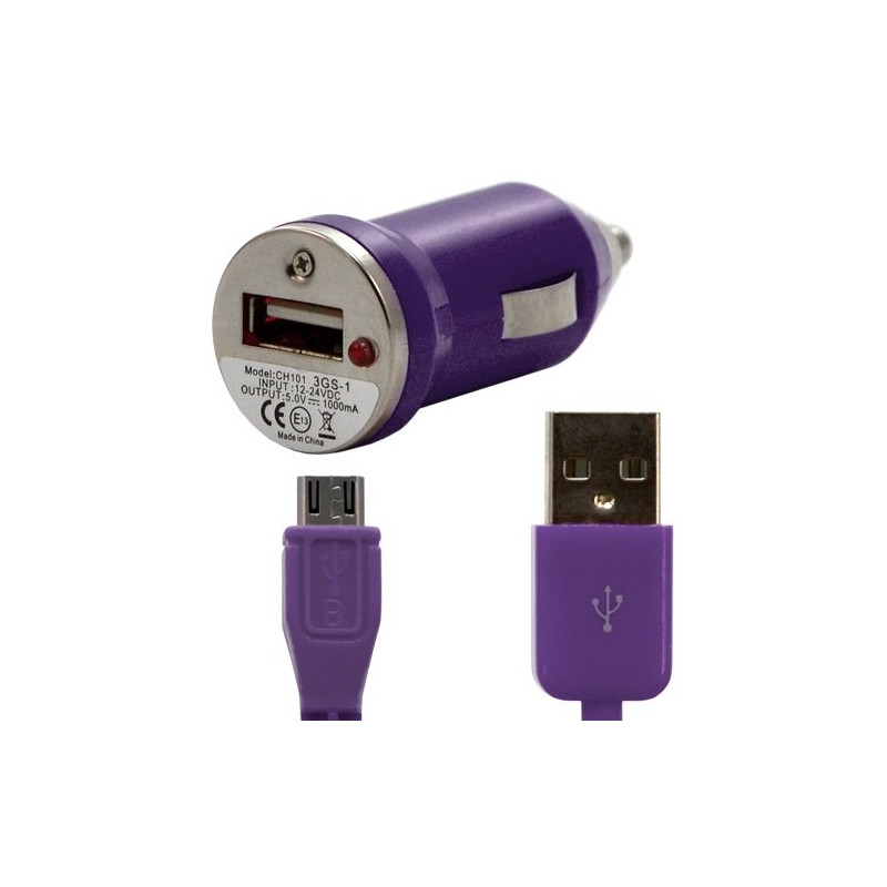 Chargeur voiture allume cigare USB + Cable data couleur violet pour Motorola : Atrix / Aura / BACKFLIP / Defy / Dext / Fire / Gl