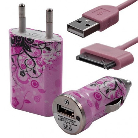 Mini Chargeur 3en1 Auto et Secteur USB avec câble data avec motif HF17 pour Apple : iPod 2 / iPod 4G / iPod 5G / iPod Photo / i