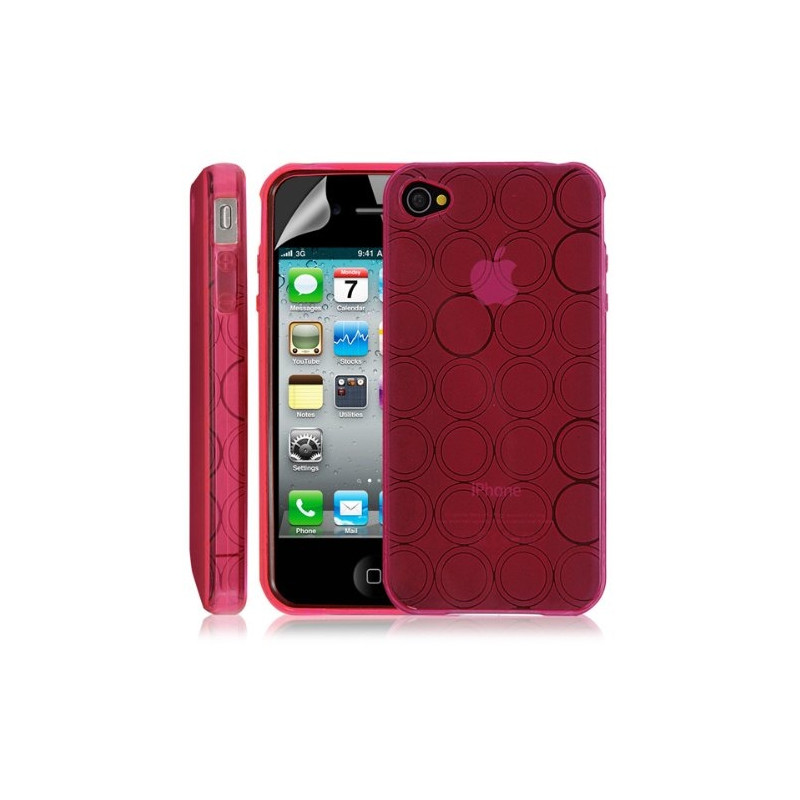 Housse coque etui gel rond transparent pour Apple Iphone 4/4S couleur rose + Film protection