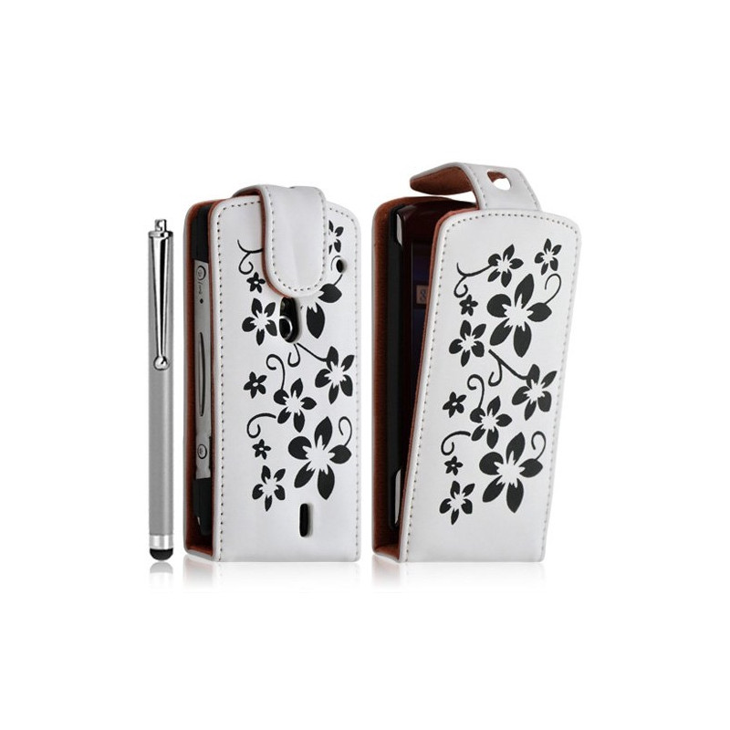 Housse étui coque pour Sony Ericsson Xperia Kyno motif fleurs couleur blanc + stylet luxe + film écran