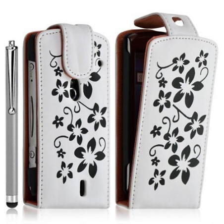 Housse étui coque pour Sony Ericsson Xperia Kyno motif fleurs couleur blanc + stylet luxe + film écran