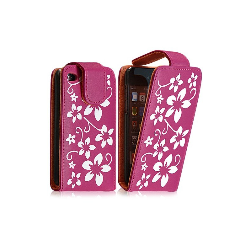 Housse coque étui pour Apple Ipod 4G couleur rose fushia avec motifs fleurs + film protection écran