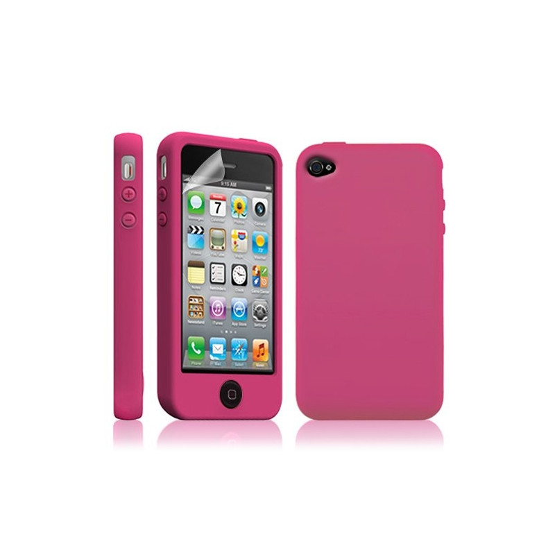 Housse étui coque silicone avec bouton tactile pour Apple Iphone 4/4S couleur rose fuschia