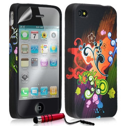 Housse étui coque en gel pour Apple Iphone 4 / 4S avec motifs + mini stylet + film protecteur