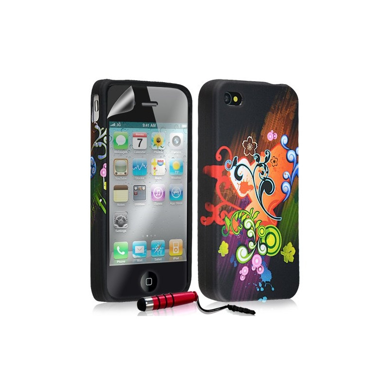 Housse étui coque en gel pour Apple Iphone 4 / 4S avec motifs + mini stylet + film protecteur