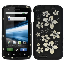 Housse étui coque rigide noir motif fleurs pour Motorola Atrix + Film de protection