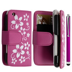 Housse coque étui portefeuille pour Apple Iphone 3G / 3GS motif fleur couleur rose fushia + Stylet luxe + film écran