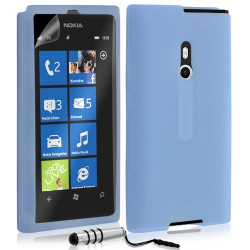 Etui coque en silicone pour Nokia Lumia 800 couleur bleu transparent + Mini Stylet + film
