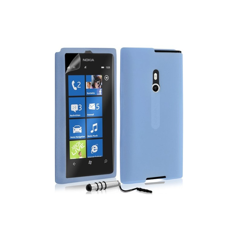 Etui coque en silicone pour Nokia Lumia 800 couleur bleu transparent + Mini Stylet + film