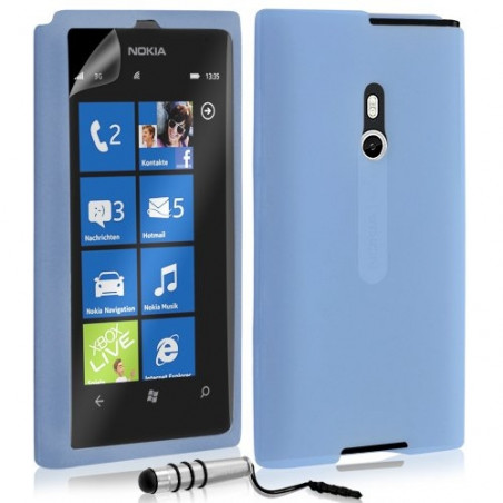 Housse étui coque en silicone pour Nokia Lumia 800 couleur bleu transparent + Mini Stylet + film