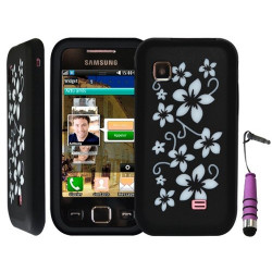 housse étui coque en silicone noir motif fleurs pour Samsung Wave 575 s5750 + mini stylet violet