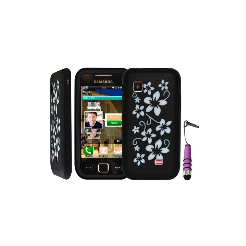 housse étui coque en silicone noir motif fleurs pour Samsung Wave 575 s5750 + mini stylet violet