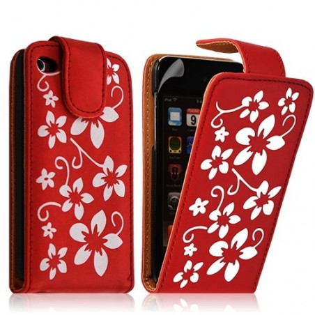 Housse coque étui pour Apple Ipod Touch 4G couleur rouge avec motifs fleurs + film protection écran