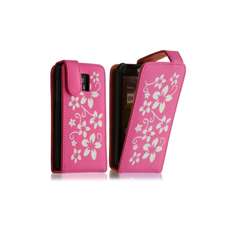 Housse coque etui pour LG Optimus 2X motif fleurs couleur fushia + film protecteur