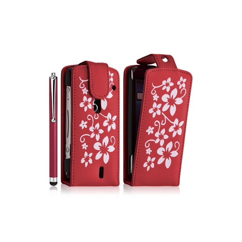 Housse étui coque pour Sony Ericsson Xperia Kyno motif fleurs couleur rouge + stylet luxe + film écran