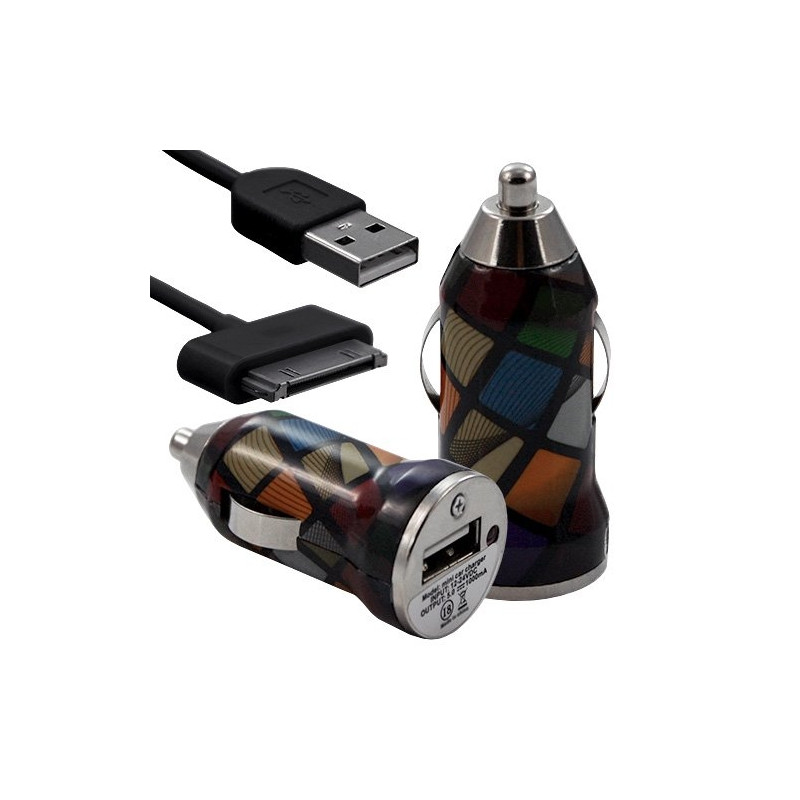 Chargeur voiture allume cigare USB avec câble data avec motif CV02 pour Apple : iPod 2 / iPod 4G / iPod 5G / iPod Photo / iPod 