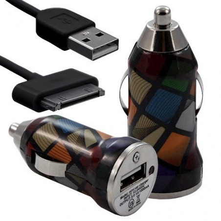 Chargeur voiture allume cigare USB avec câble data avec motif CV02 pour Apple : iPod 2 / iPod 4G / iPod 5G / iPod Photo / iPod 