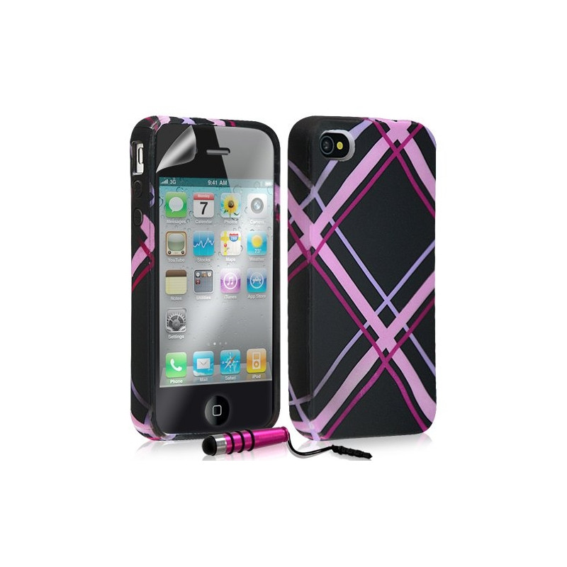 Housse étui coque en gel pour Apple Iphone 4 / 4S avec motifs + mini stylet + film protecteur