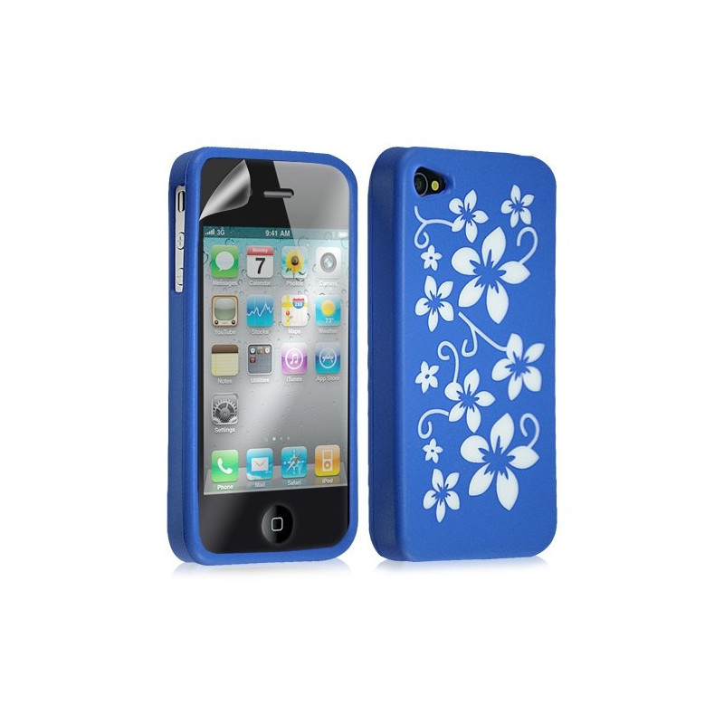 Housse étui coque silicone pour Apple Iphone 4 / 4S motif fleur couleur bleu + film protecteur