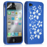 Housse étui coque silicone pour Apple Iphone 4 / 4S motif fleur couleur bleu + film protecteur