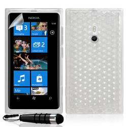 Housse étui coque gel pour Nokia Lumia 800 motif diamant couleur blanc translucide + Mini stylet + Film protecteur