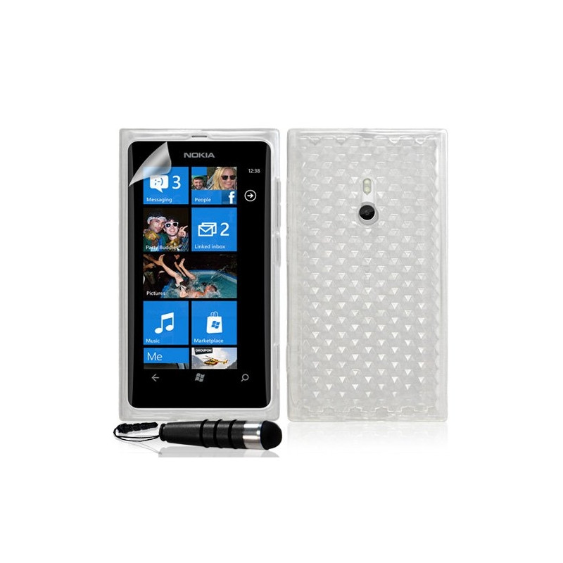 Housse étui coque gel pour Nokia Lumia 800 motif diamant couleur blanc translucide + Mini stylet + Film protecteur