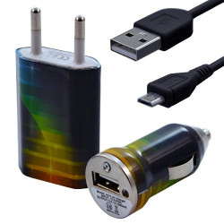 Mini Chargeur 3en1 Auto et Secteur USB avec câble data avec motif CV06 pour Sony : Xperia J / Xperia P / Xperia S / Xperia T / 