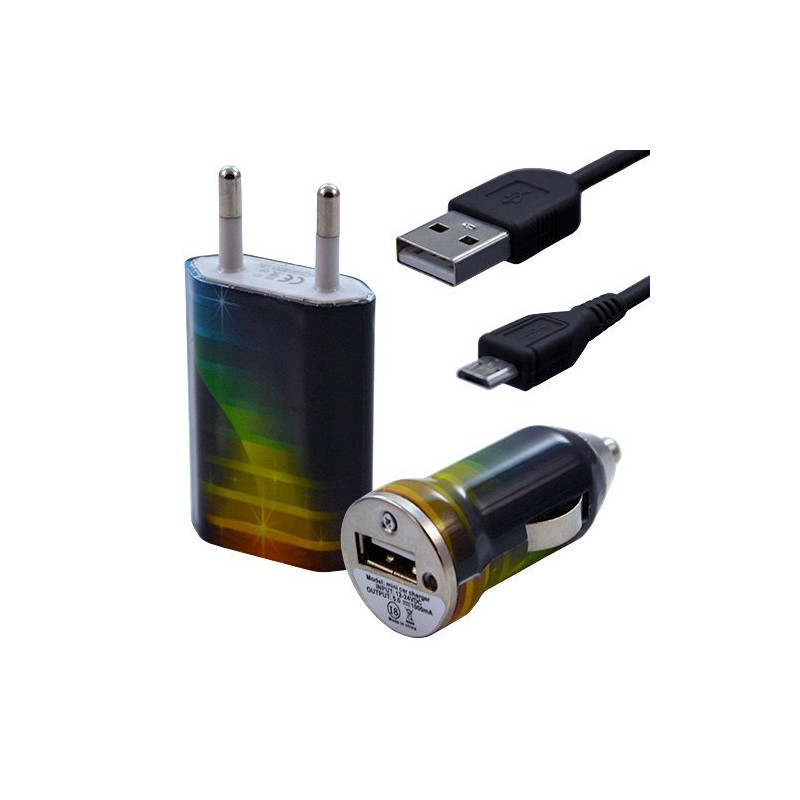 Mini Chargeur 3en1 Auto et Secteur USB avec câble data avec motif CV06 pour Sony : Xperia J / Xperia P / Xperia S / Xperia T / 