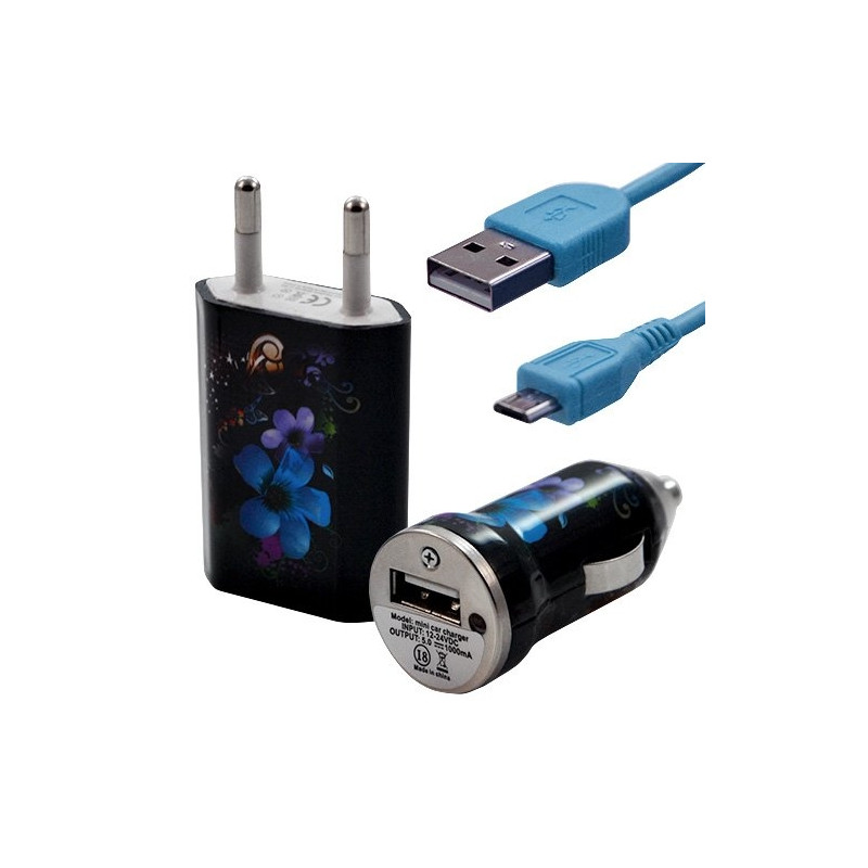 Mini Chargeur 3en1 Auto et Secteur USB avec câble data avec motif HF16 pour Sony : Xperia J / Xperia P / Xperia S / Xperia T / 