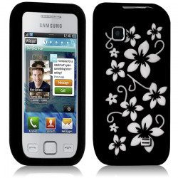 Housse Etui Coque Silicone pour Samsung Wave 575 couleur Noir motif Fleurs 