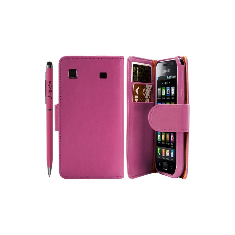 Housse coque étui portefeuille pour Samsung Galaxy SCL i9003 couleur rose fuschia + Stylet luxe