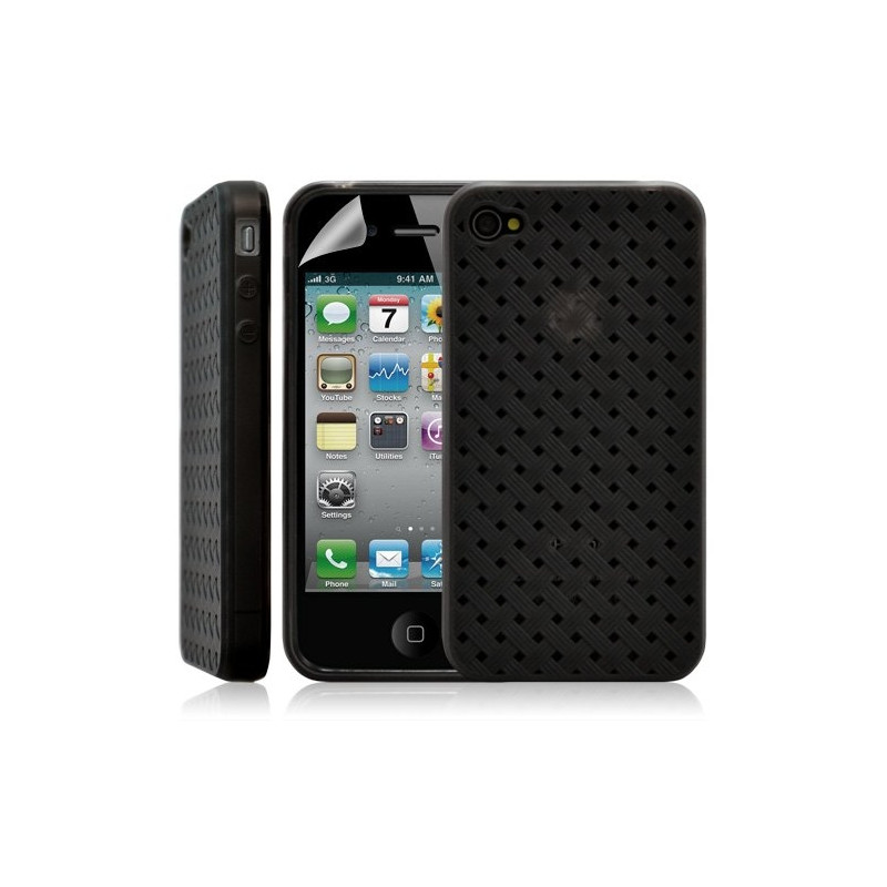 Housse étui coque souple tresse transparent pour Apple Iphone 4/4S couleur noir + Film protecteur