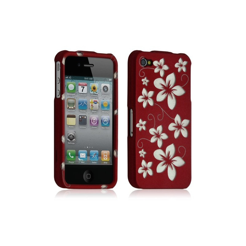 Housse étui coque rigide pour Apple Iphone 4/4S motif fleur couleur rouge + Film protection