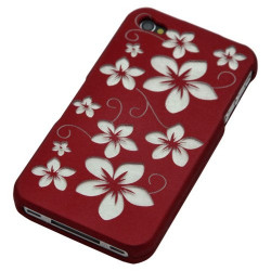 Housse étui coque rigide pour Apple Iphone 4/4S motif fleur couleur rouge + Film protection