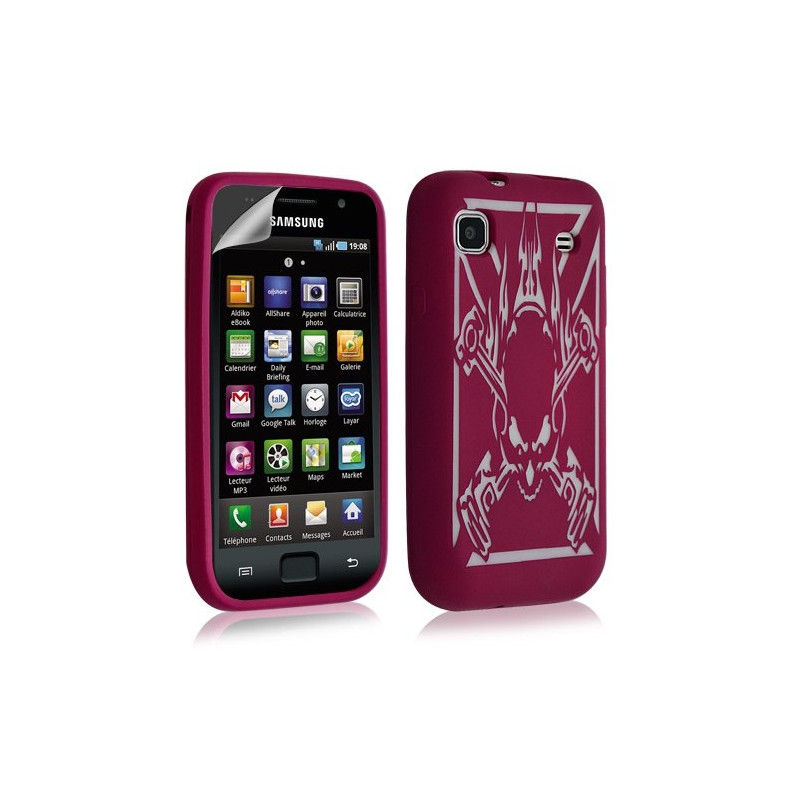 Housse étui coque silicone pour Samsung Galaxy S i9000 motif tete de mort couleur rose fuschia + film