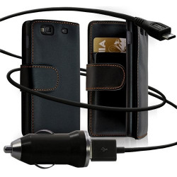 Housse Coque Etui Portefeuille + Chargeur Auto USB pour Samsung Wave 3 couleur noir