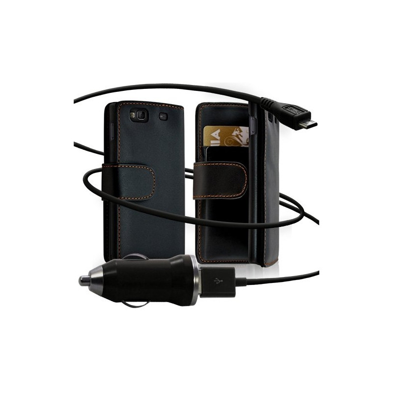 Housse Coque Etui Portefeuille + Chargeur Auto USB pour Samsung Wave 3 couleur noir