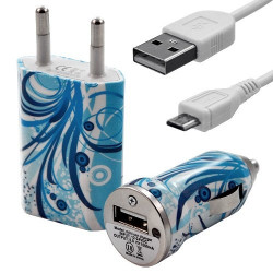 Mini Chargeur 3en1 Auto et Secteur USB avec câble data avec motif HF08 pour Samsung : Galaxy Y S5360 / Wave Y S5380 / Player 5 