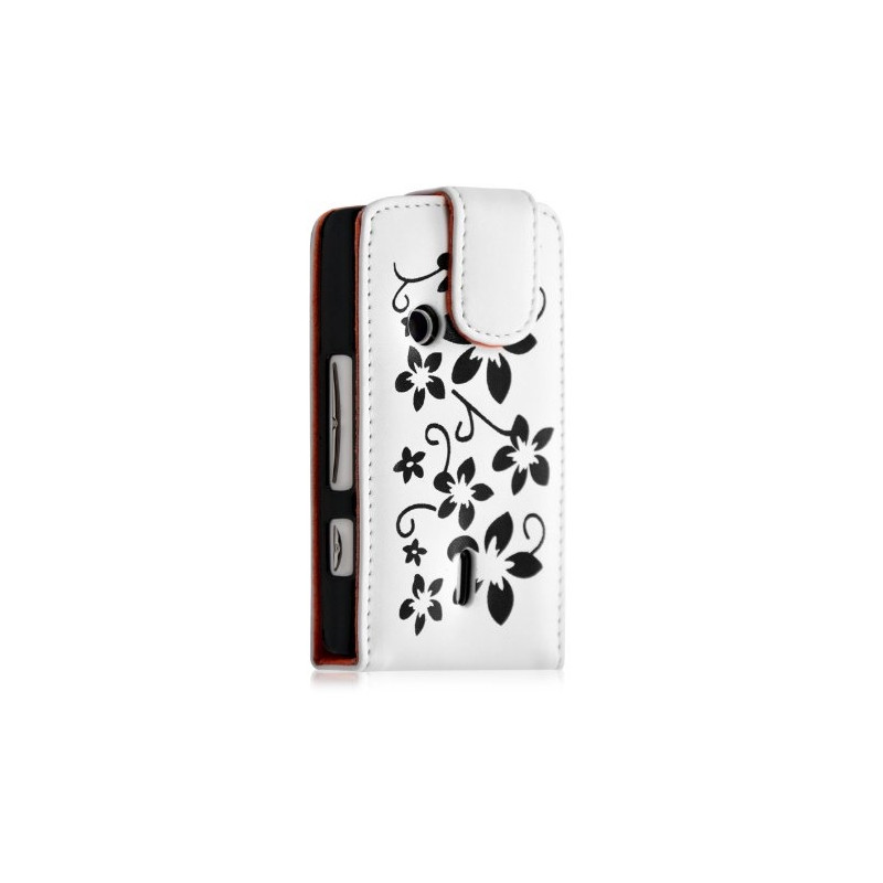 Housse Etui pour Sony Ericsson XPERIA X8 couleur blanc motif fleurs + film protection ecran