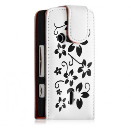 Housse Etui pour Sony Ericsson XPERIA X8 couleur blanc motif fleurs + film protection ecran