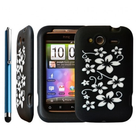 housse étui coque silicone noir motif fleurs pour HTC Wildfire S + Stylet bleu + film de protection d'écran