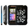 housse étui coque silicone noir motif fleurs pour HTC Wildfire S + Stylet bleu + film de protection d'écran